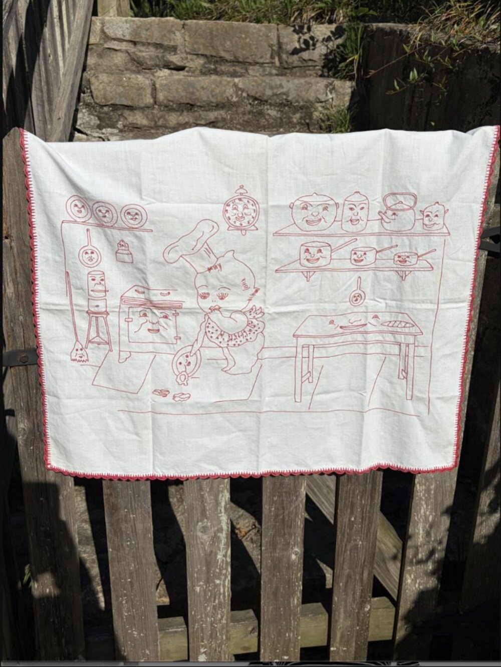Vintage Style Redwork Anthropomorphism Kitchen Flour Sack Towel Cottage Kitschy